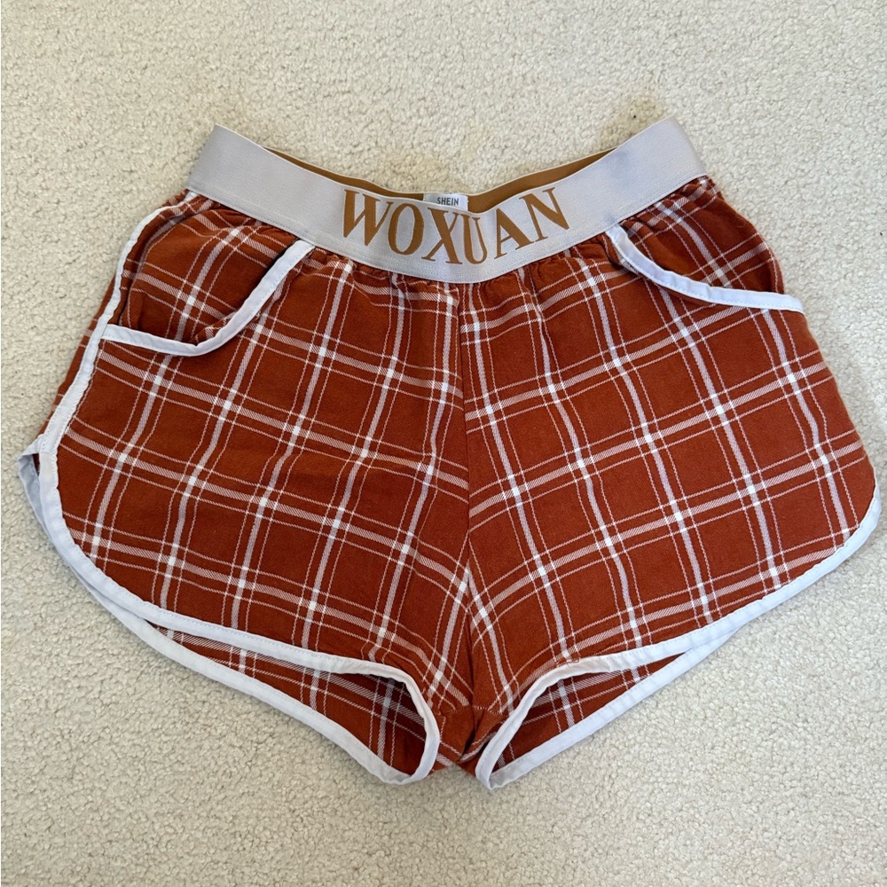 SHEIN Brown and White Athletic Shorts with Plaid Design